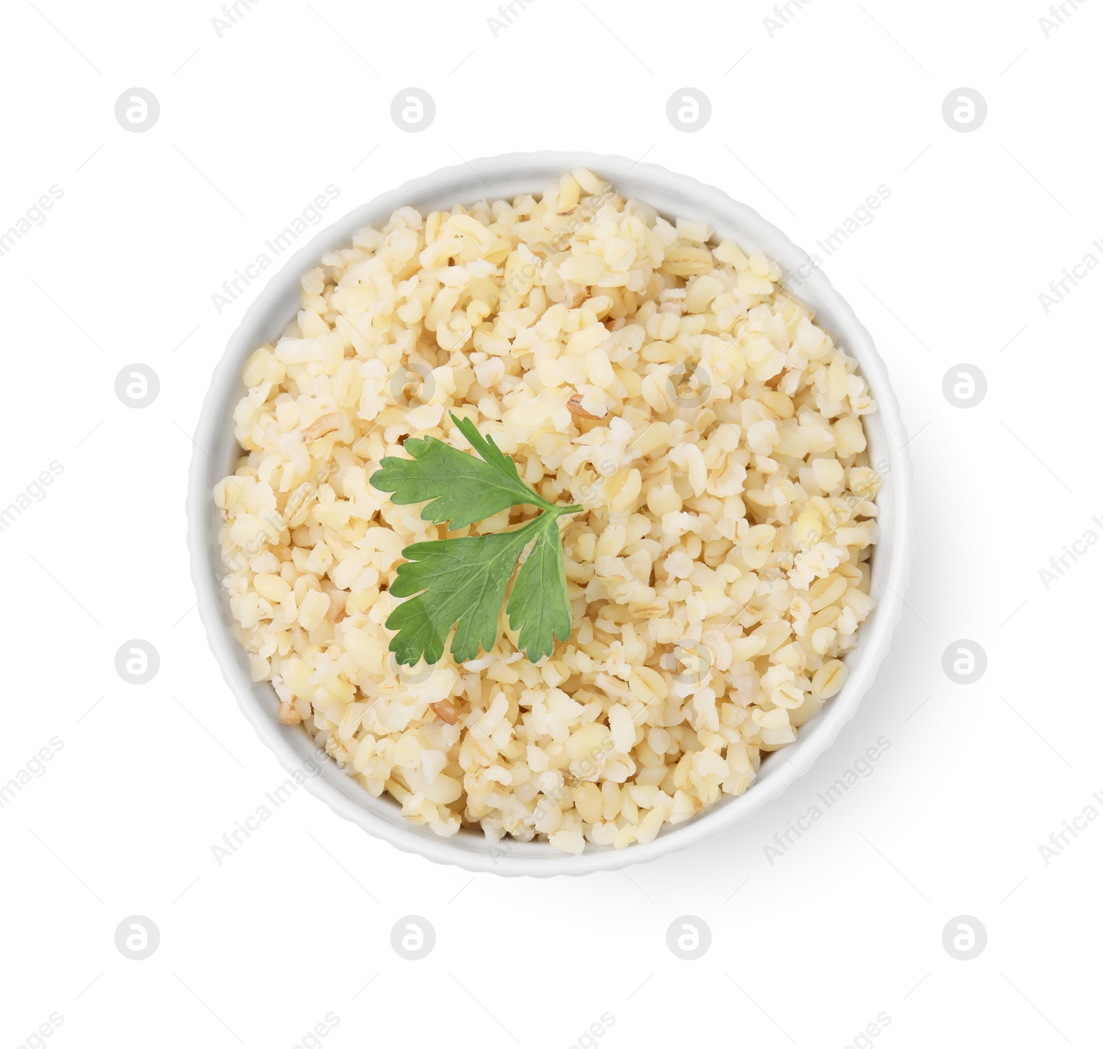 Photo of Cooked bulgur with parsley in bowl isolated on white, top view