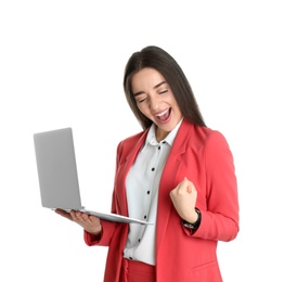 Portrait of happy young woman in office wear with laptop on white background