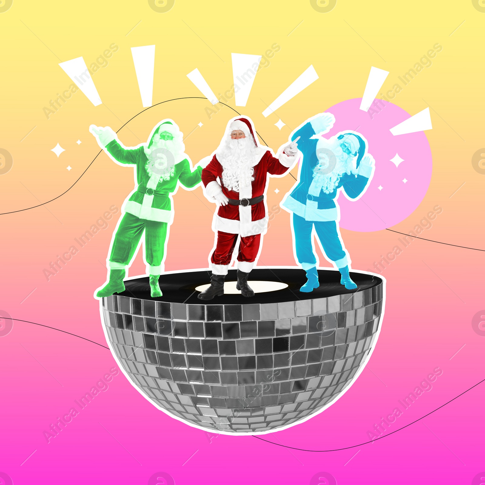 Image of Winter holidays bright artwork. Santa Clauses dancing on halved disco ball against color background, creative collage