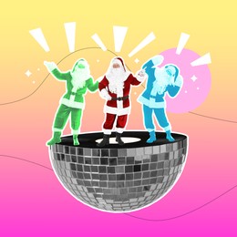 Image of Winter holidays bright artwork. Santa Clauses dancing on halved disco ball against color background, creative collage