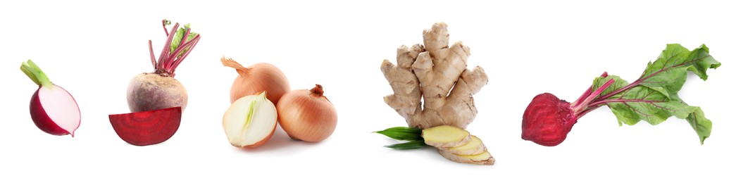 Image of Collage with different root vegetables on white background