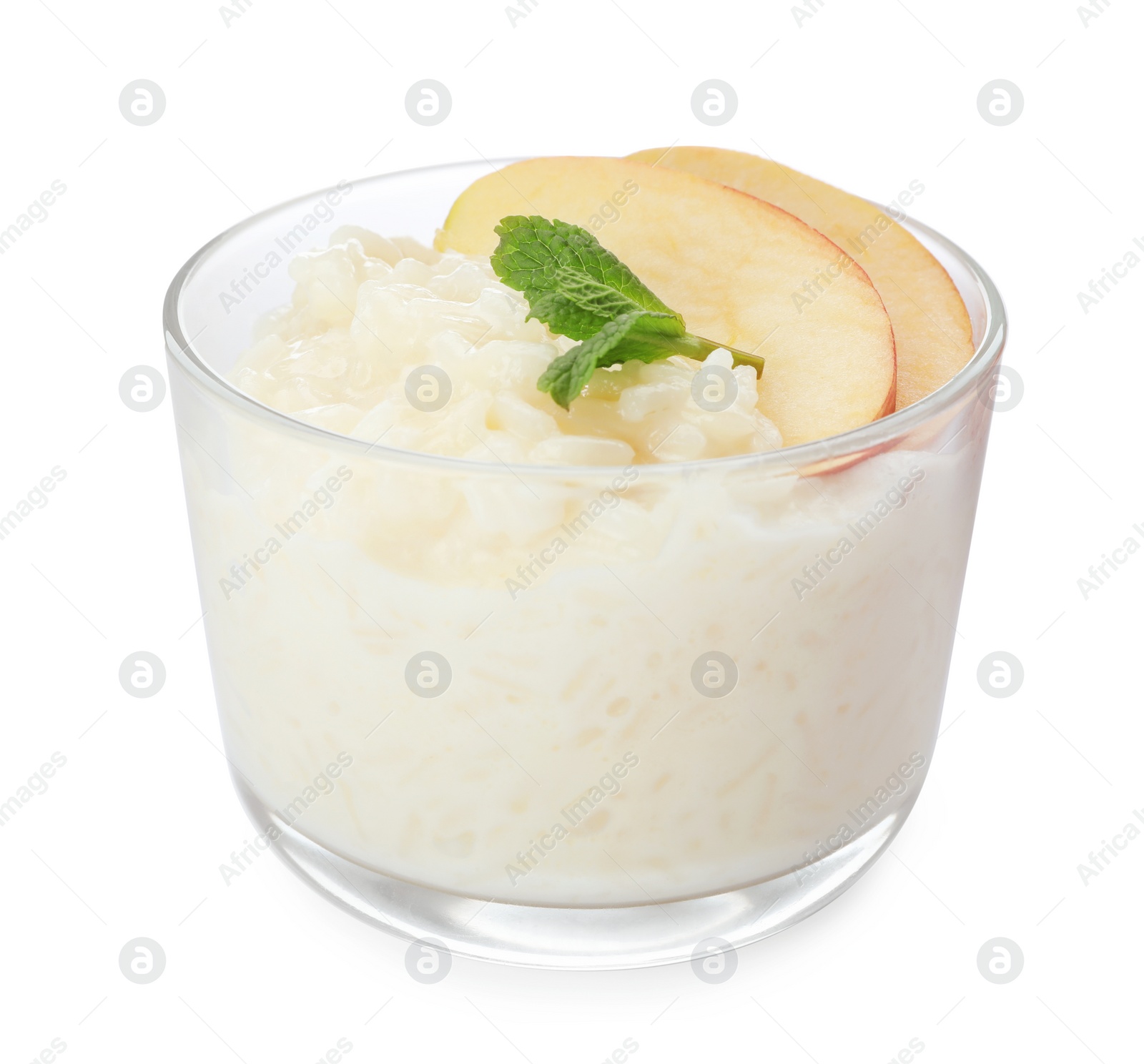 Photo of Delicious rice pudding with apple and mint isolated on white