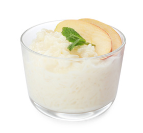 Delicious rice pudding with apple and mint isolated on white