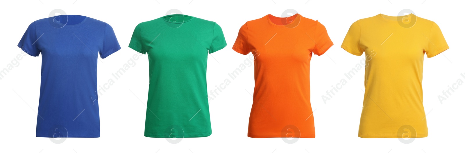 Image of T-shirts of different colors isolated on white. Space for design