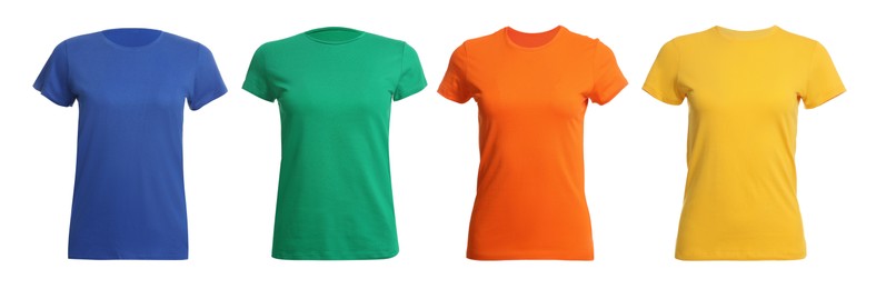 Image of T-shirts of different colors isolated on white. Space for design