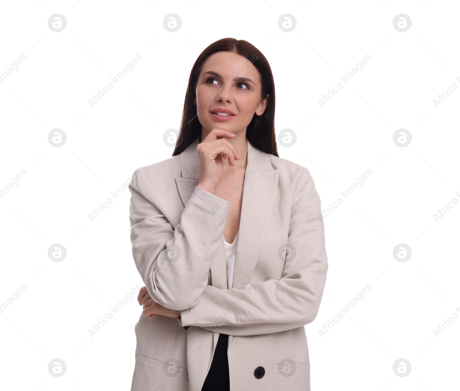 Photo of Beautiful young businesswoman in suit on white background