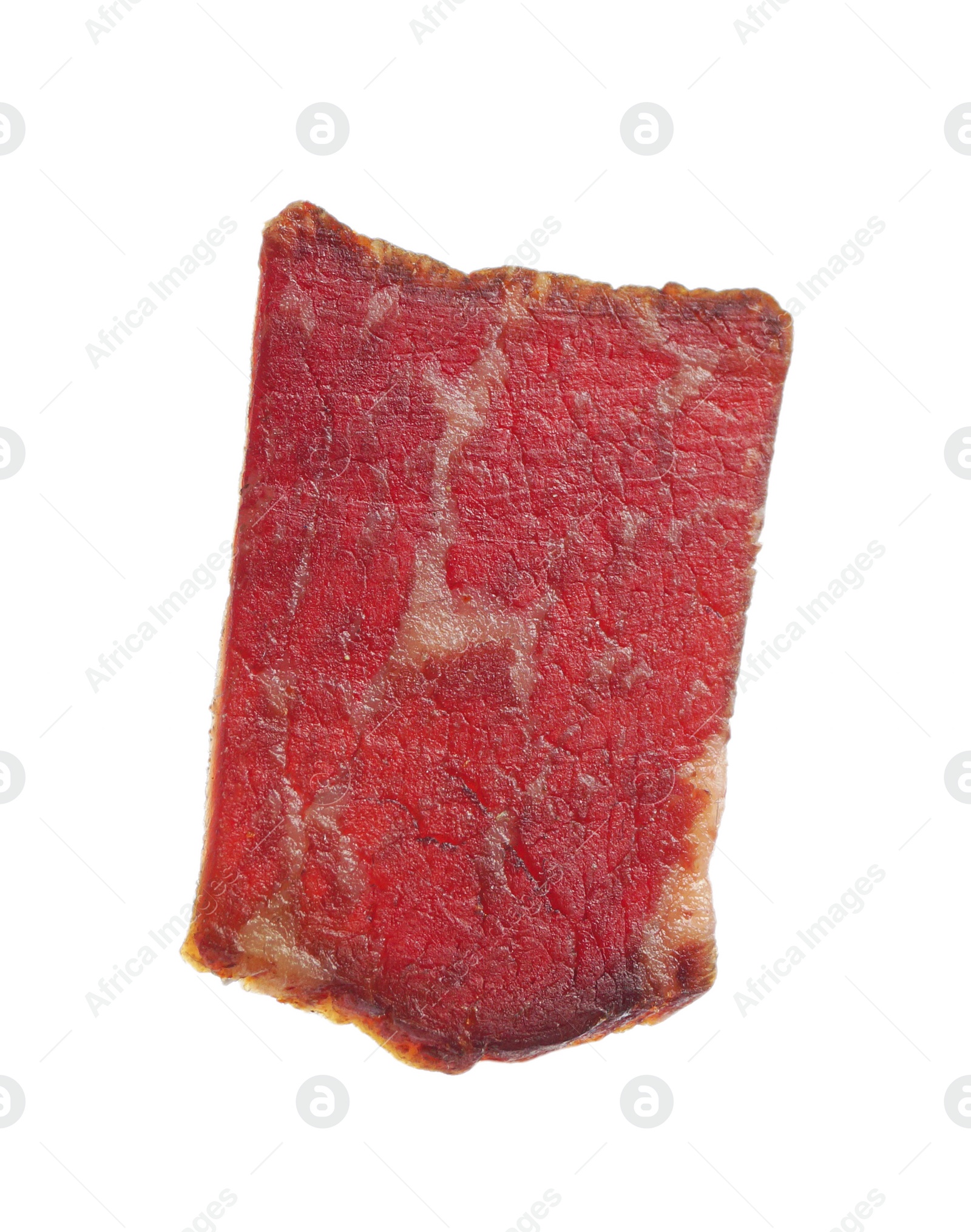 Photo of Piece of delicious beef jerky isolated on white