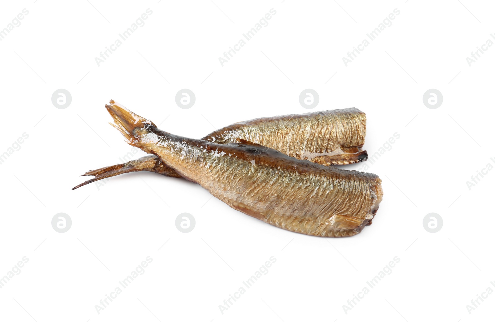 Photo of Two tasty smoked sprats isolated on white