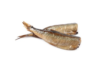 Two tasty smoked sprats isolated on white