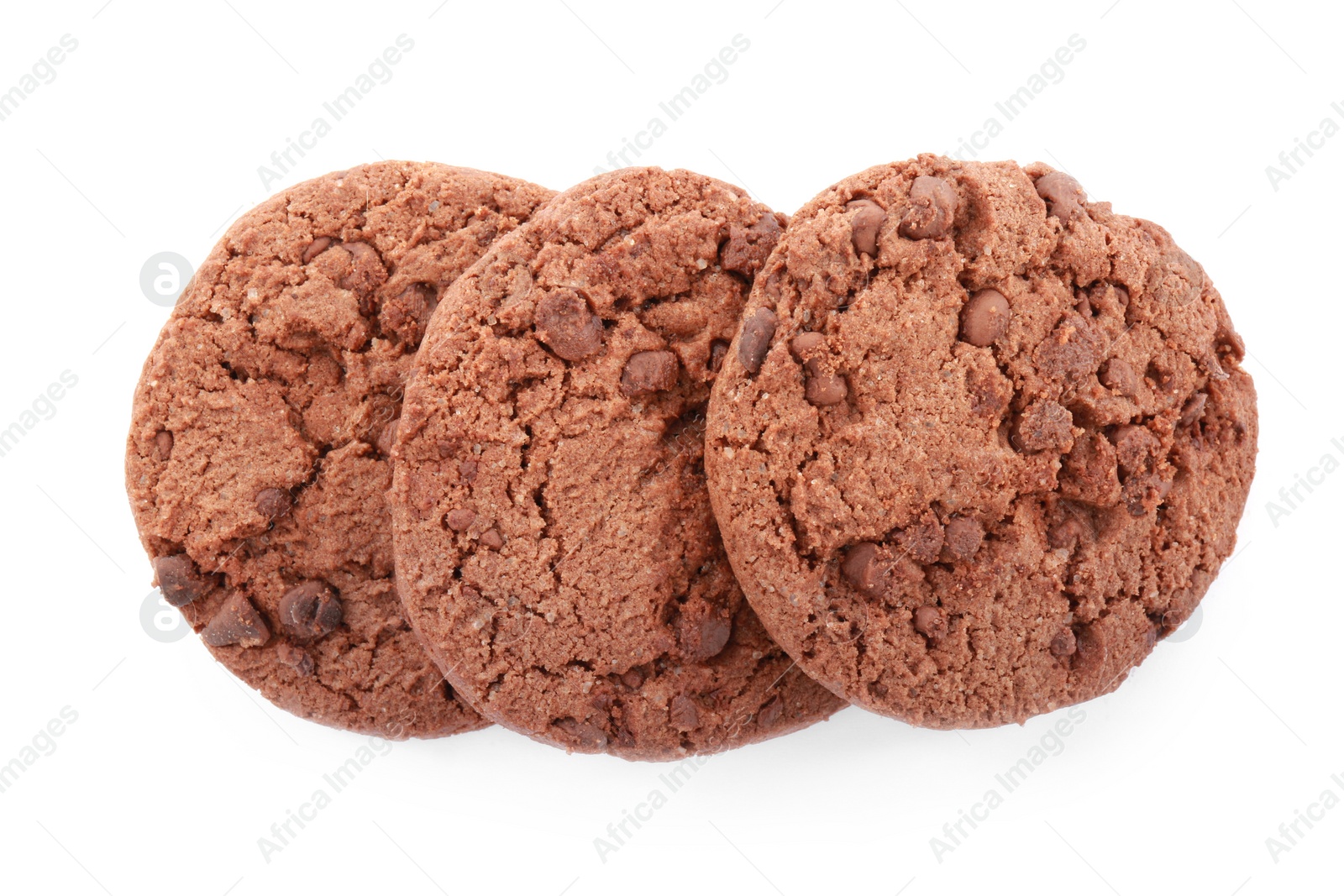 Photo of Delicious chocolate chip cookies isolated on white, top view