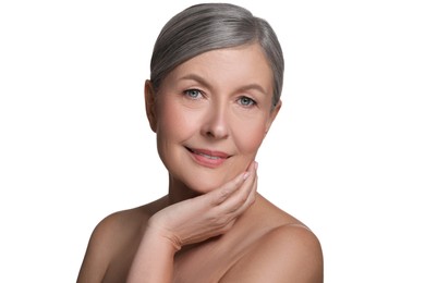 Photo of Beautiful mature woman with healthy skin on white background