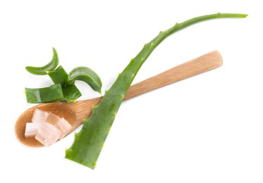 Aloe vera gel in spoon and slices of plant isolated on white, top view