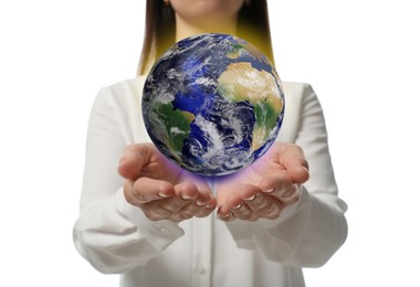 World in our hands. Woman holding digital model of Earth on white background, closeup view 