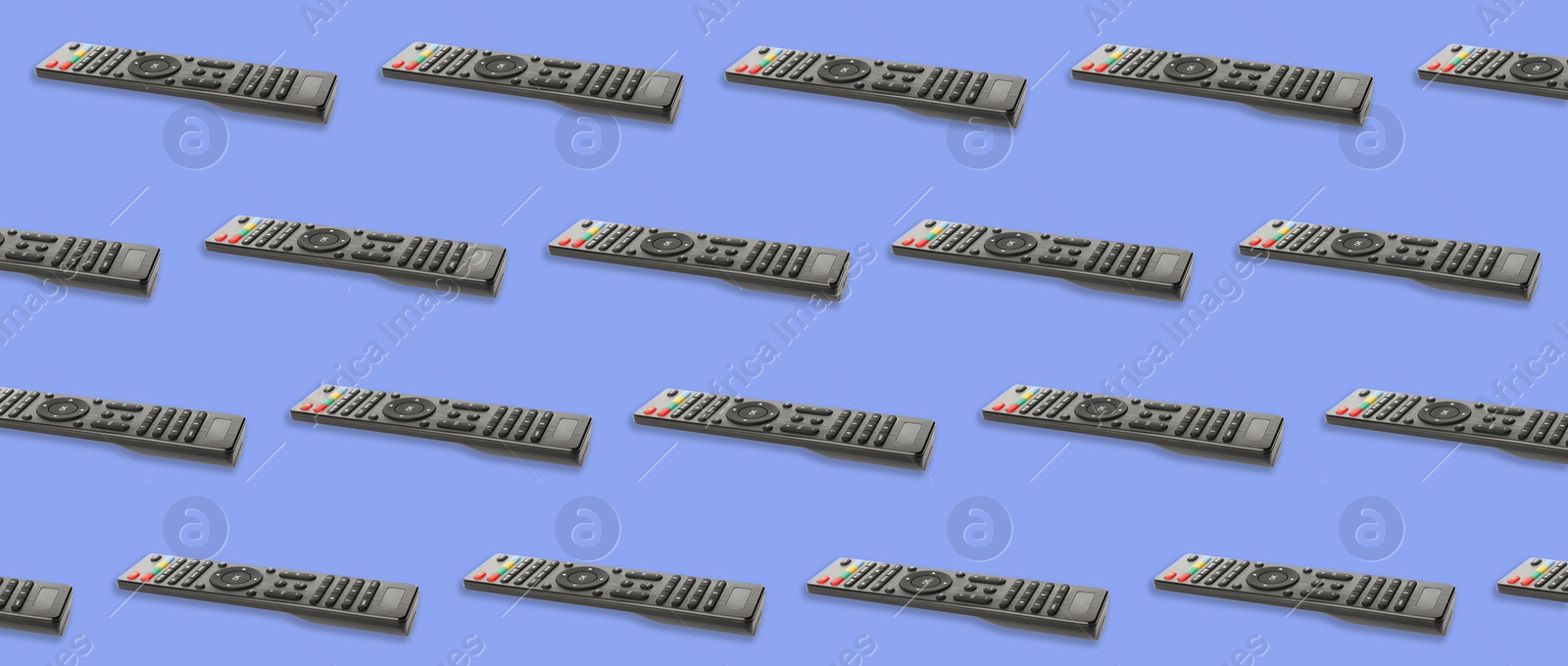 Image of Remote controller pattern on slate blue background. Collage design