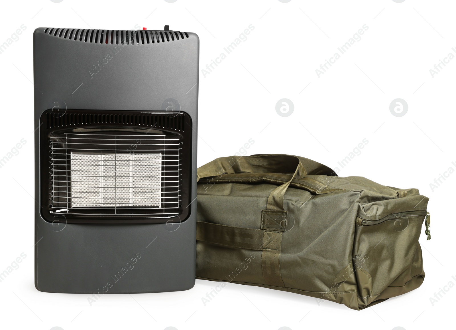 Photo of Modern gas heater and military bag on white background