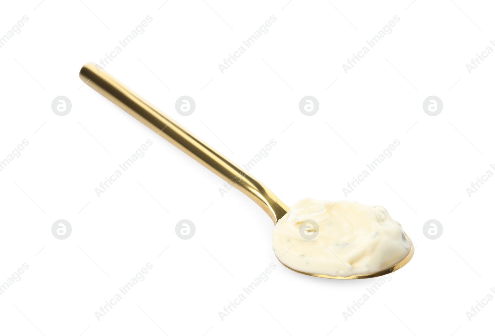 Photo of Tartar sauce in spoon isolated on white