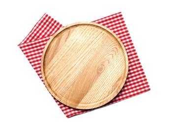 Photo of Empty wooden board and checkered napkin isolated on white, top view