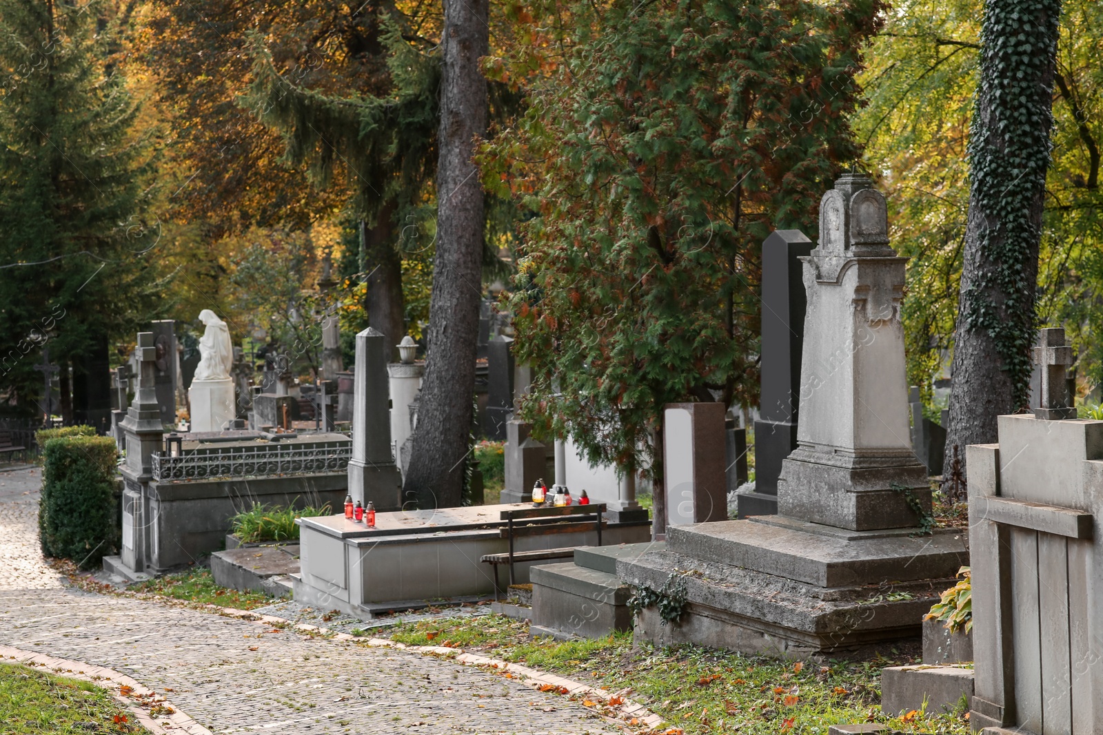 Photo of View of cemetery with granite tombstones and paved footpath on sunny day. Funeral ceremony