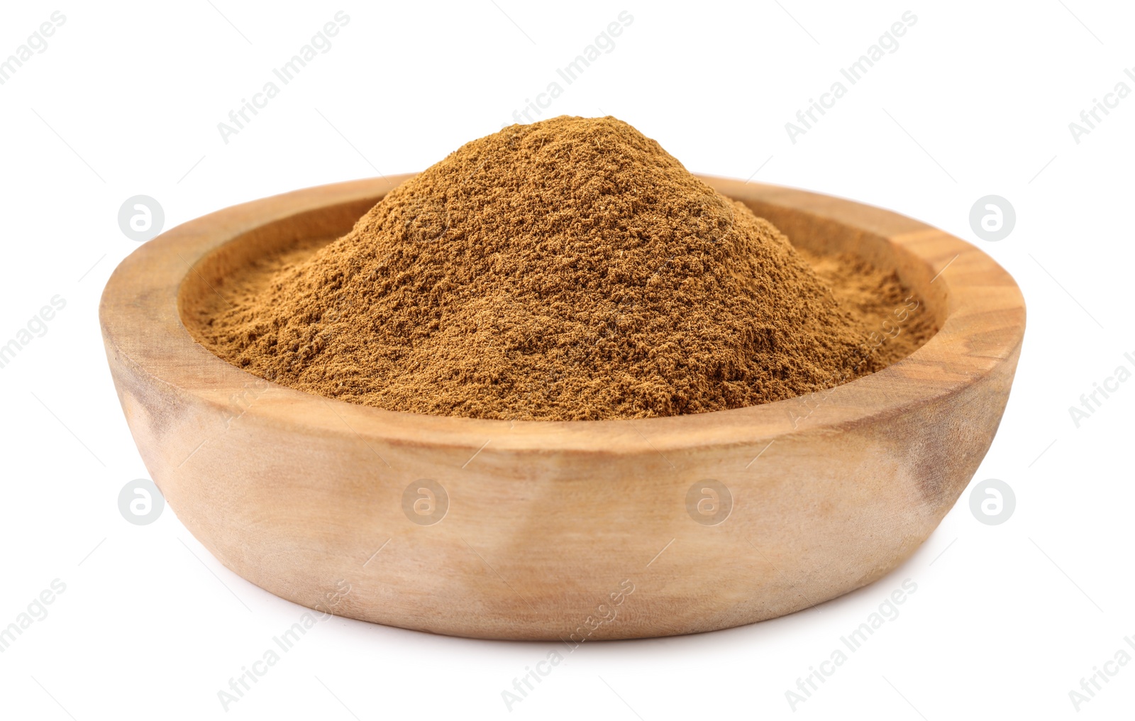 Photo of Dry aromatic cinnamon powder in wooden bowl isolated on white