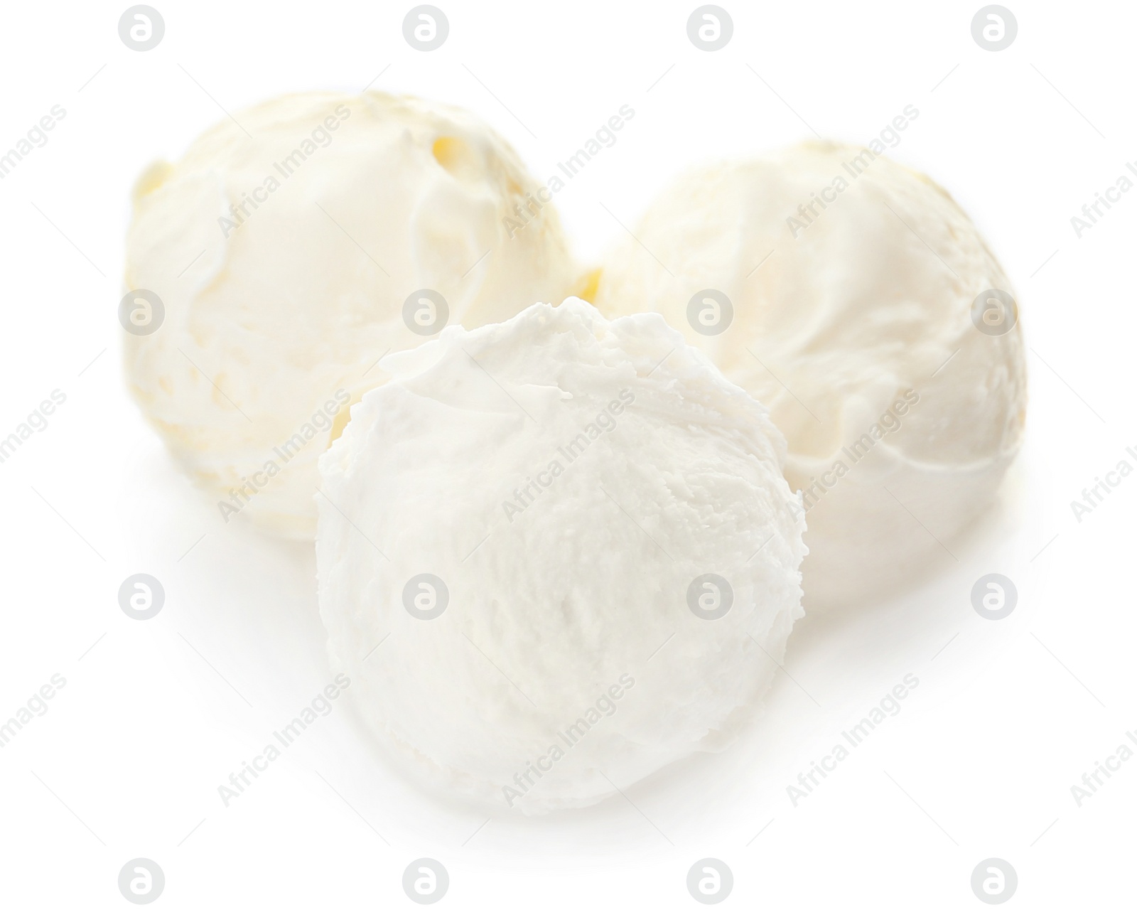 Photo of Balls of tasty vanilla ice cream on white background