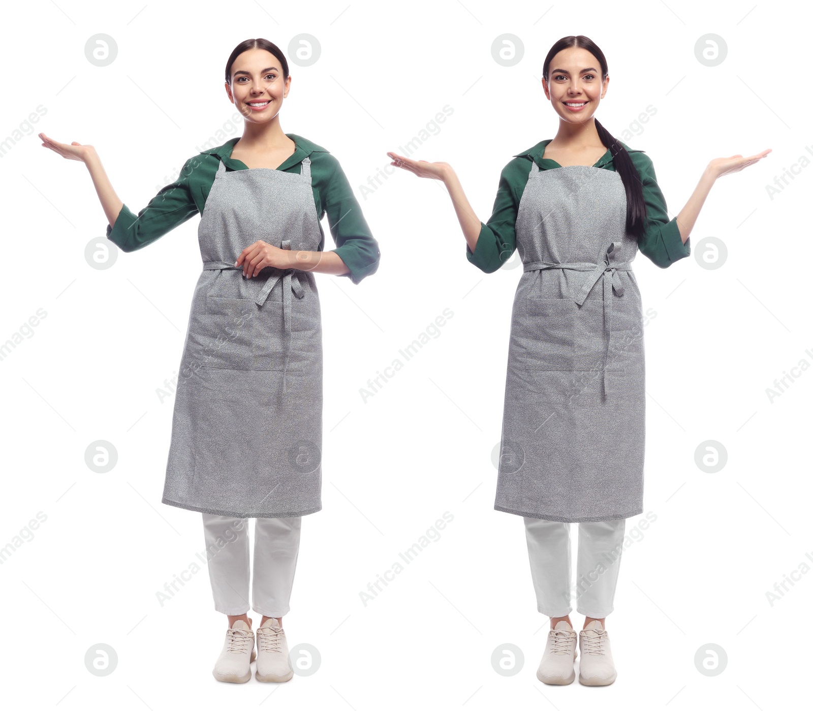 Image of Collage with photos of woman in apron on white background
