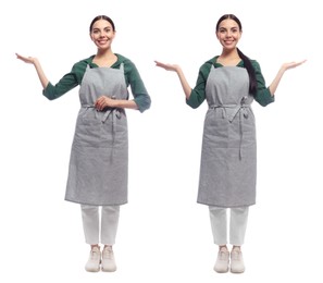 Collage with photos of woman in apron on white background