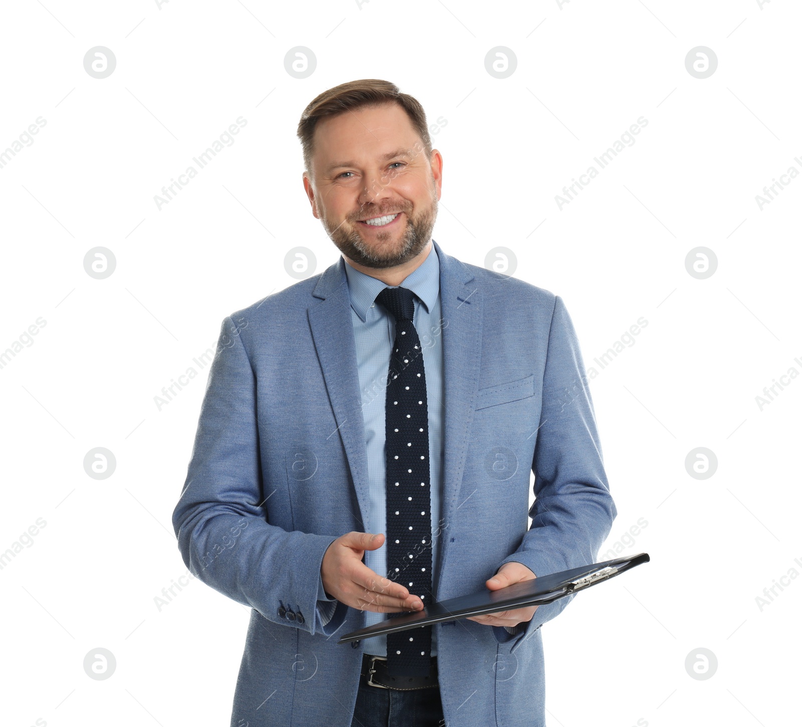 Photo of Real estate agent with clipboard on white background