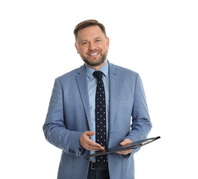 Real estate agent with clipboard on white background