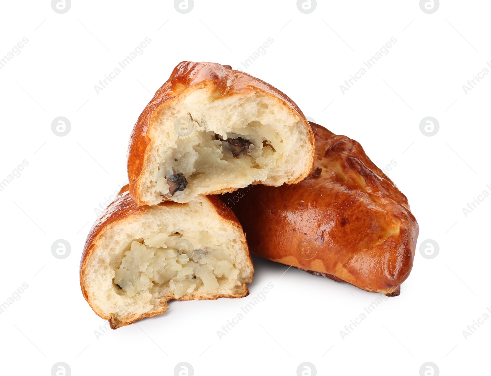 Photo of Delicious baked patties with potato and mushrooms on white background