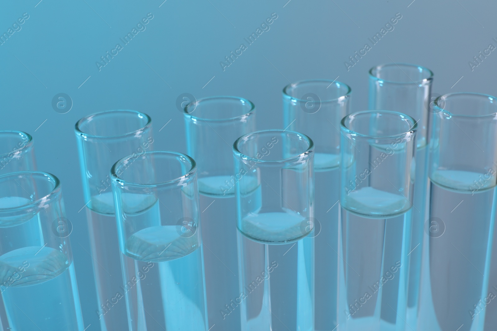 Photo of Laboratory analysis. Many glass test tubes on light blue background, closeup