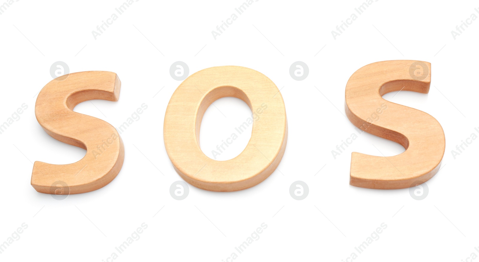 Photo of Abbreviation SOS made of wooden letters on white background