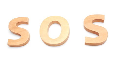 Photo of Abbreviation SOS made of wooden letters on white background