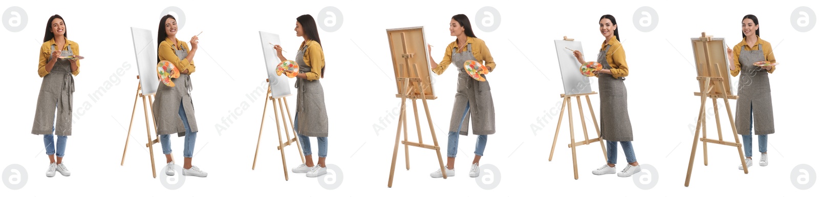 Image of Young women drawing on easels against white background, collage. Banner design