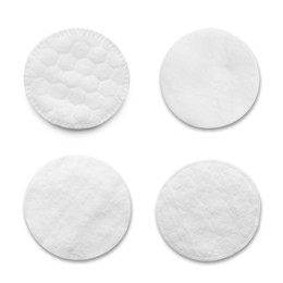 Image of Set with soft cotton pads on white background, top view
