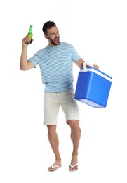 Photo of Happy man with cool box and bottle of beer on white background