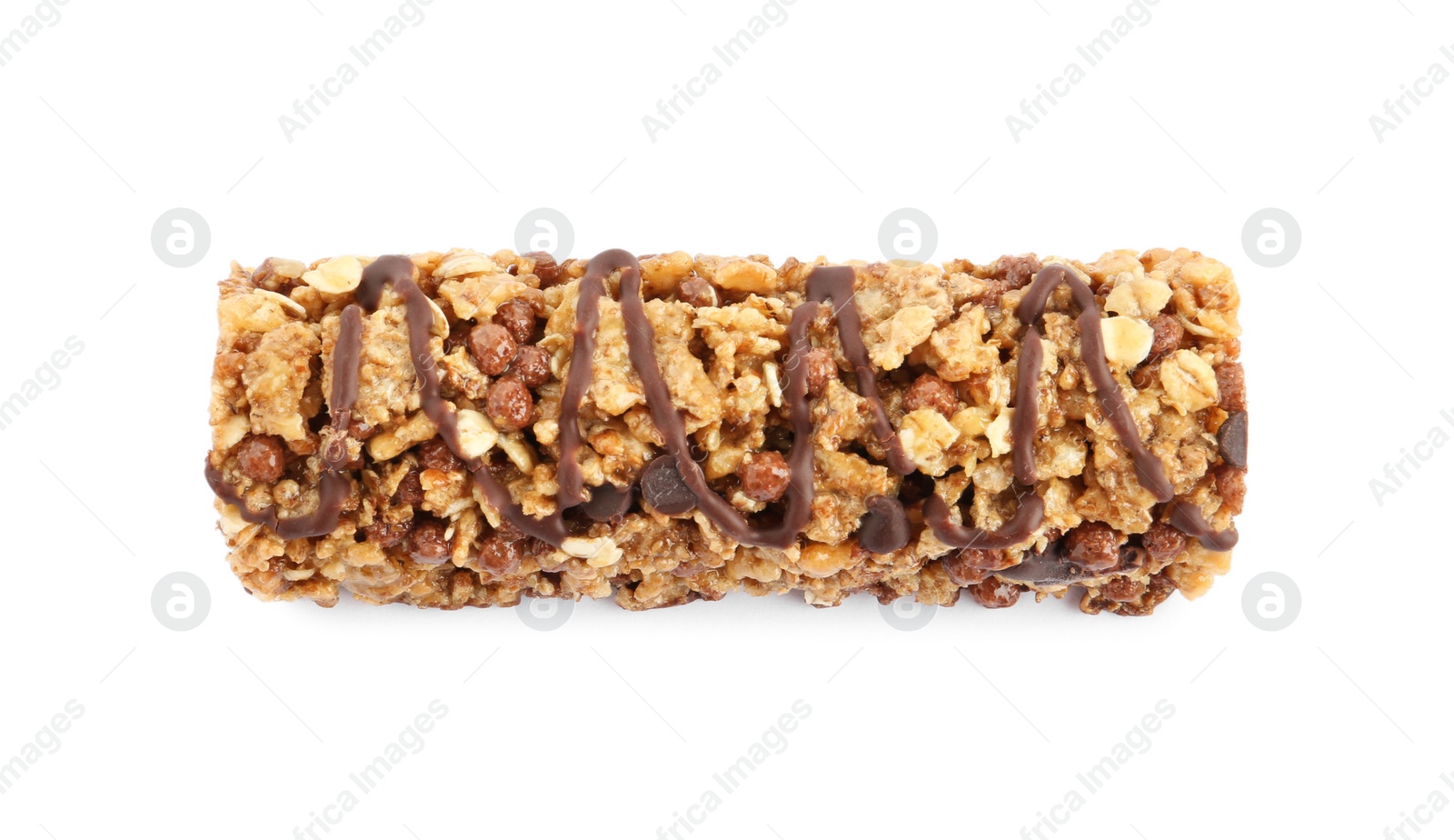 Photo of Granola bar with chocolate isolated on white, top view. High protein snack