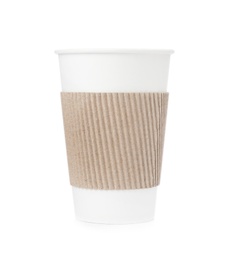 Takeaway paper coffee cup with cardboard sleeve isolated on white