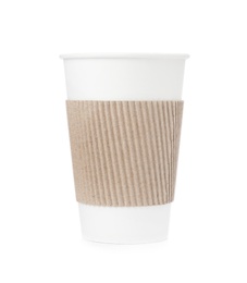 Photo of Takeaway paper coffee cup with cardboard sleeve isolated on white