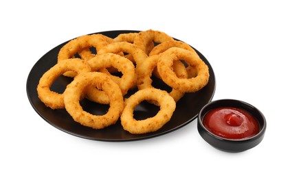 Tasty fried onion rings with ketchup on white background