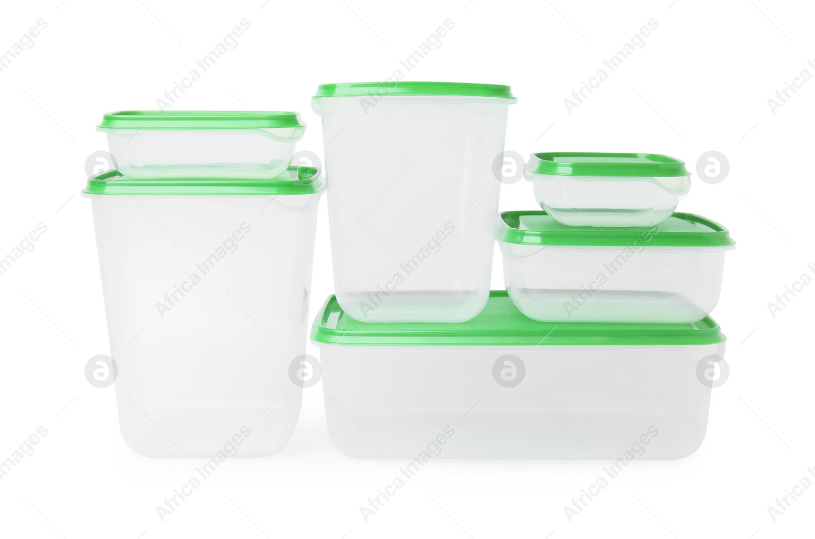 Photo of Empty plastic containers on white background. Food storage