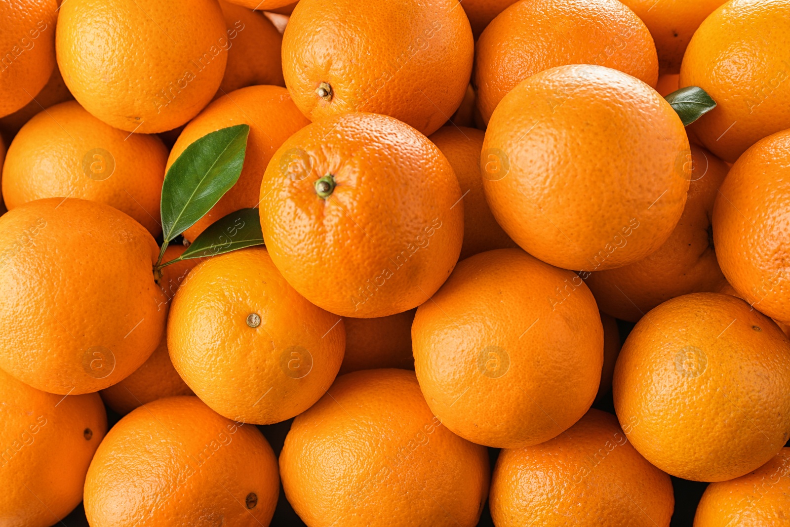 Photo of Pile of fresh ripe oranges with leaves as background, top view