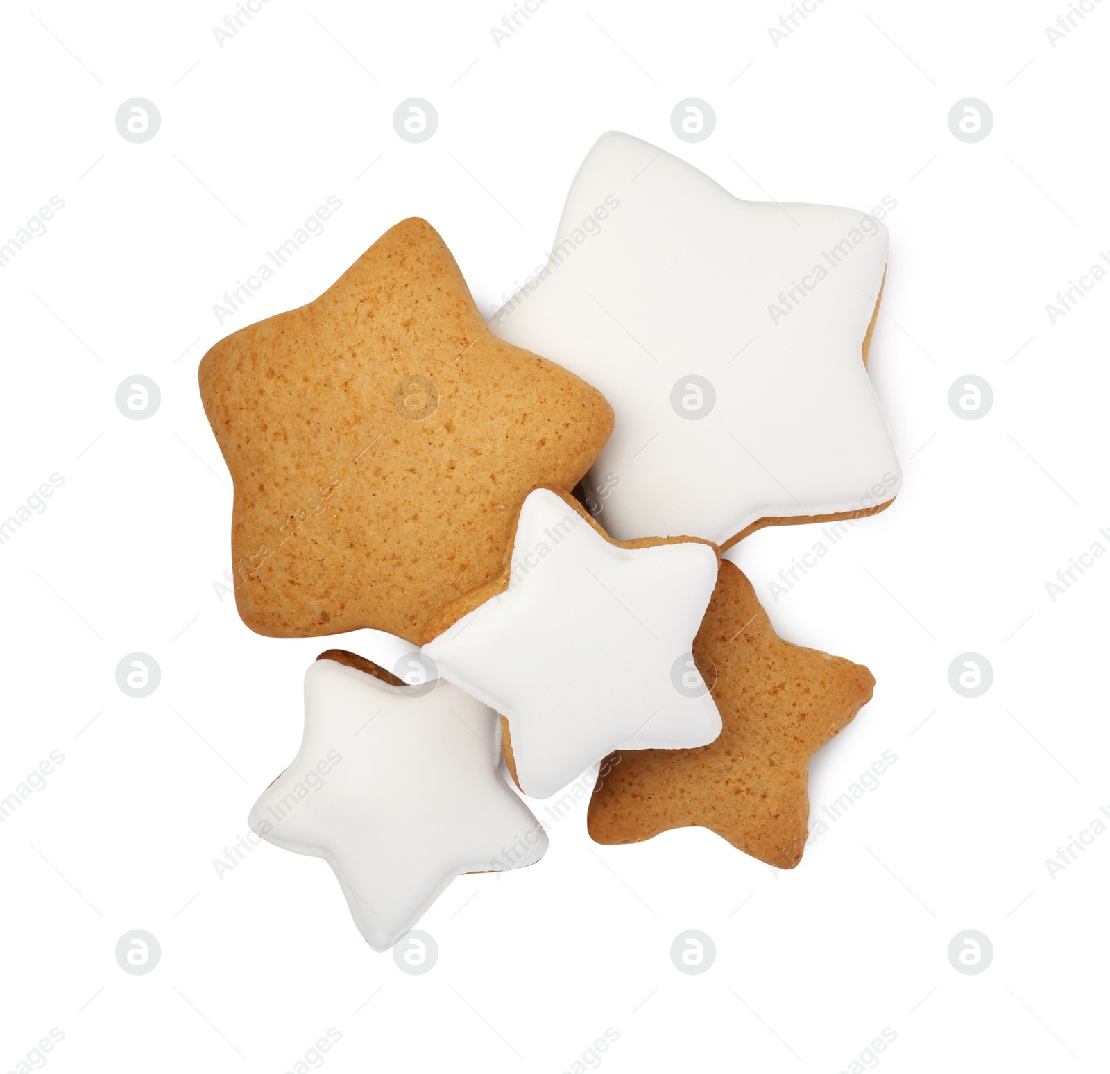 Photo of Tasty star shaped Christmas cookies with icing isolated on white, top view