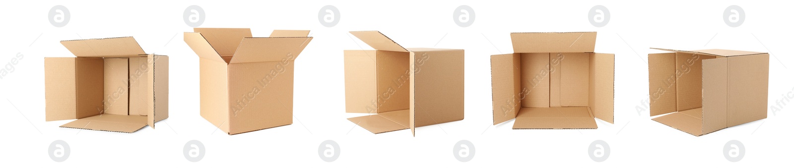 Image of Set with cardboard boxes on white background. Banner design