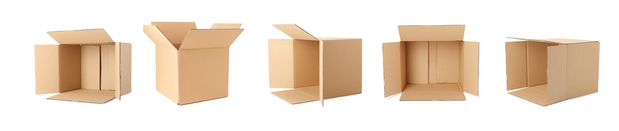 Image of Set with cardboard boxes on white background. Banner design