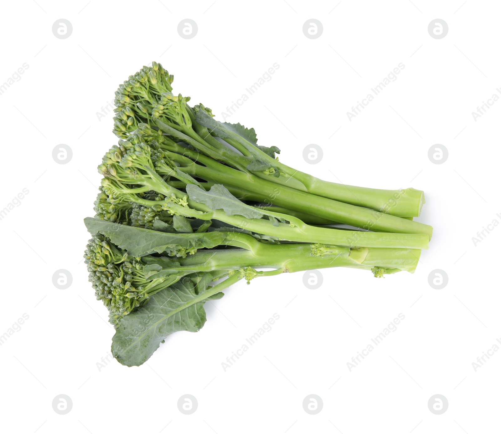 Photo of Fresh raw broccolini isolated on white, top view. Healthy food