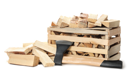 Axe and cut firewood on white background