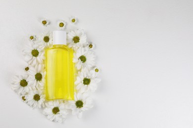 Photo of Fresh mouthwash in bottle surrounded by chamomiles on white background, top view. Space for text
