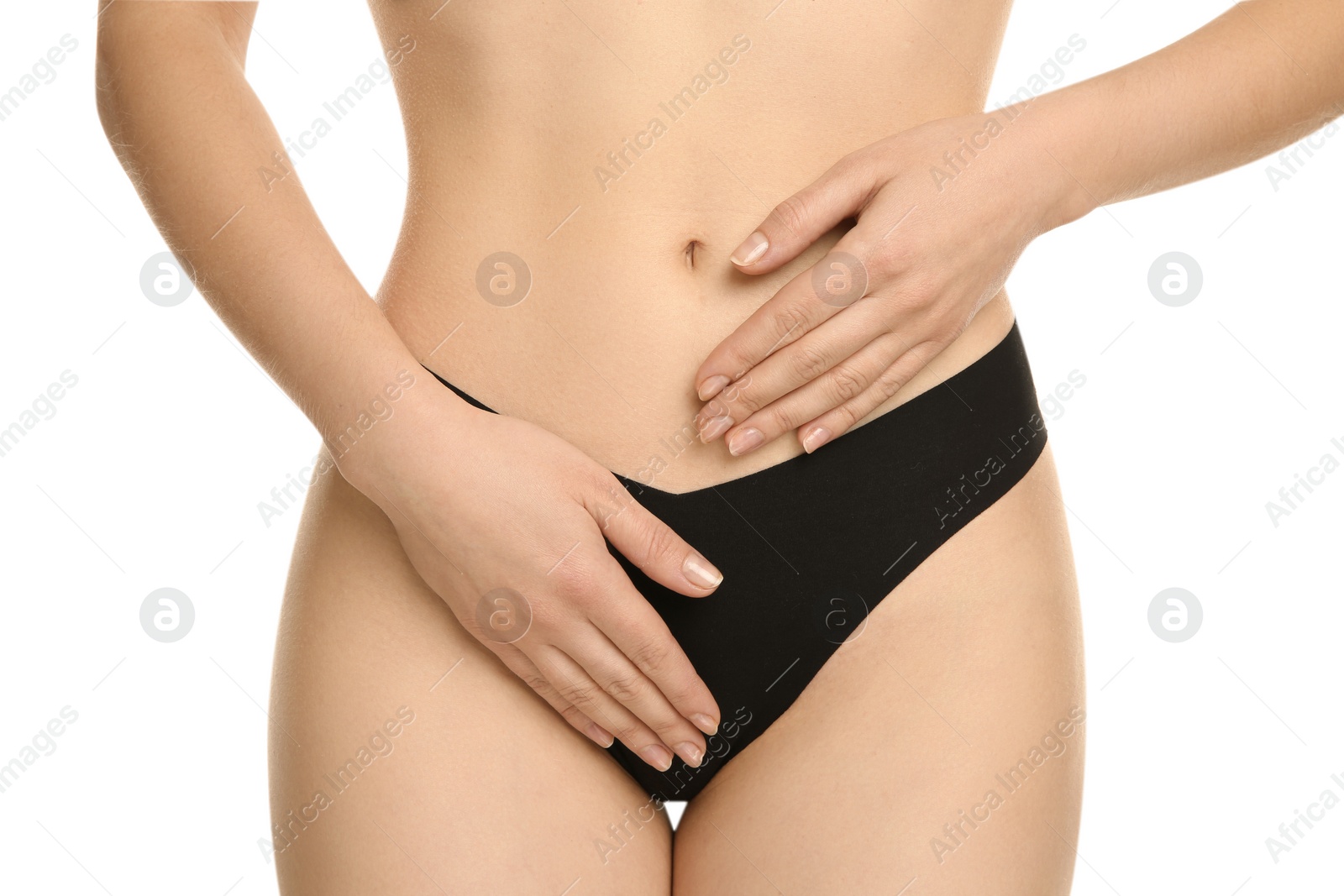 Photo of Gynecology. Woman in underwear on white background, closeup