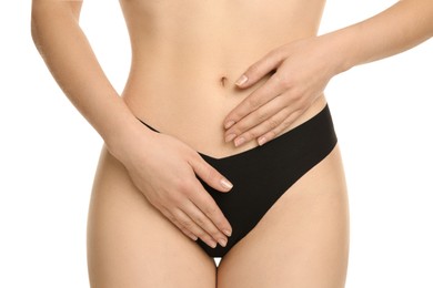 Photo of Gynecology. Woman in underwear on white background, closeup