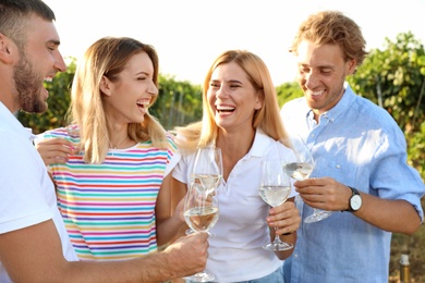 Friends holding glasses of wine and having fun on vineyard picnic